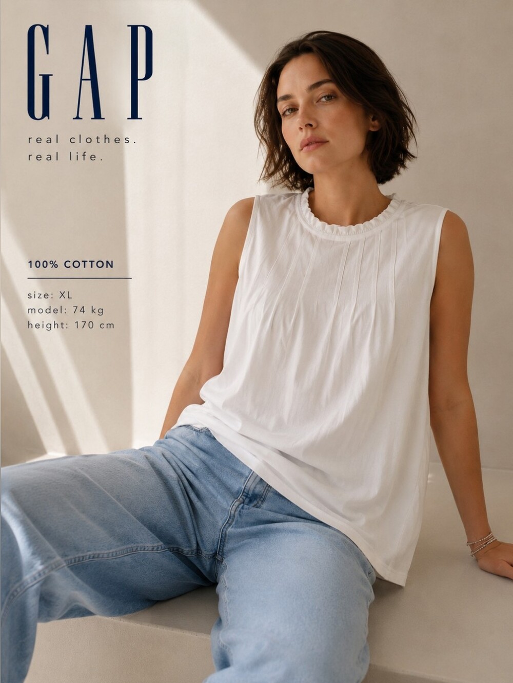 GAP White Sleeveless Pintuck Neck Tank 100% cotton